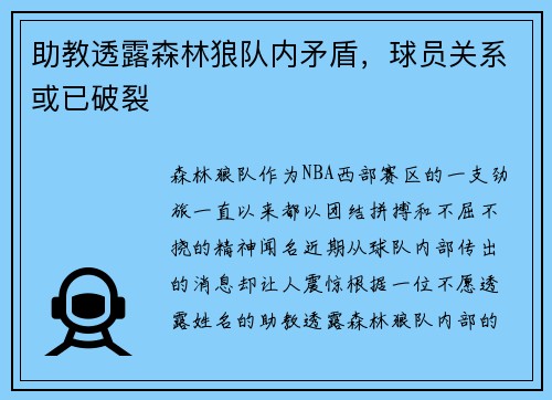 助教透露森林狼队内矛盾，球员关系或已破裂