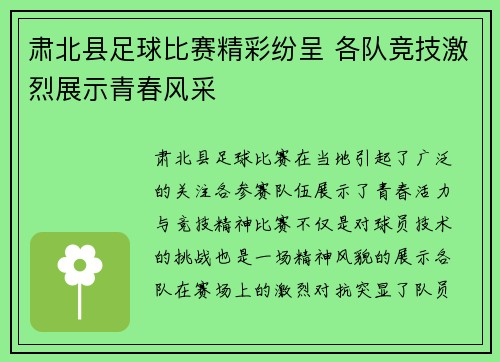 肃北县足球比赛精彩纷呈 各队竞技激烈展示青春风采